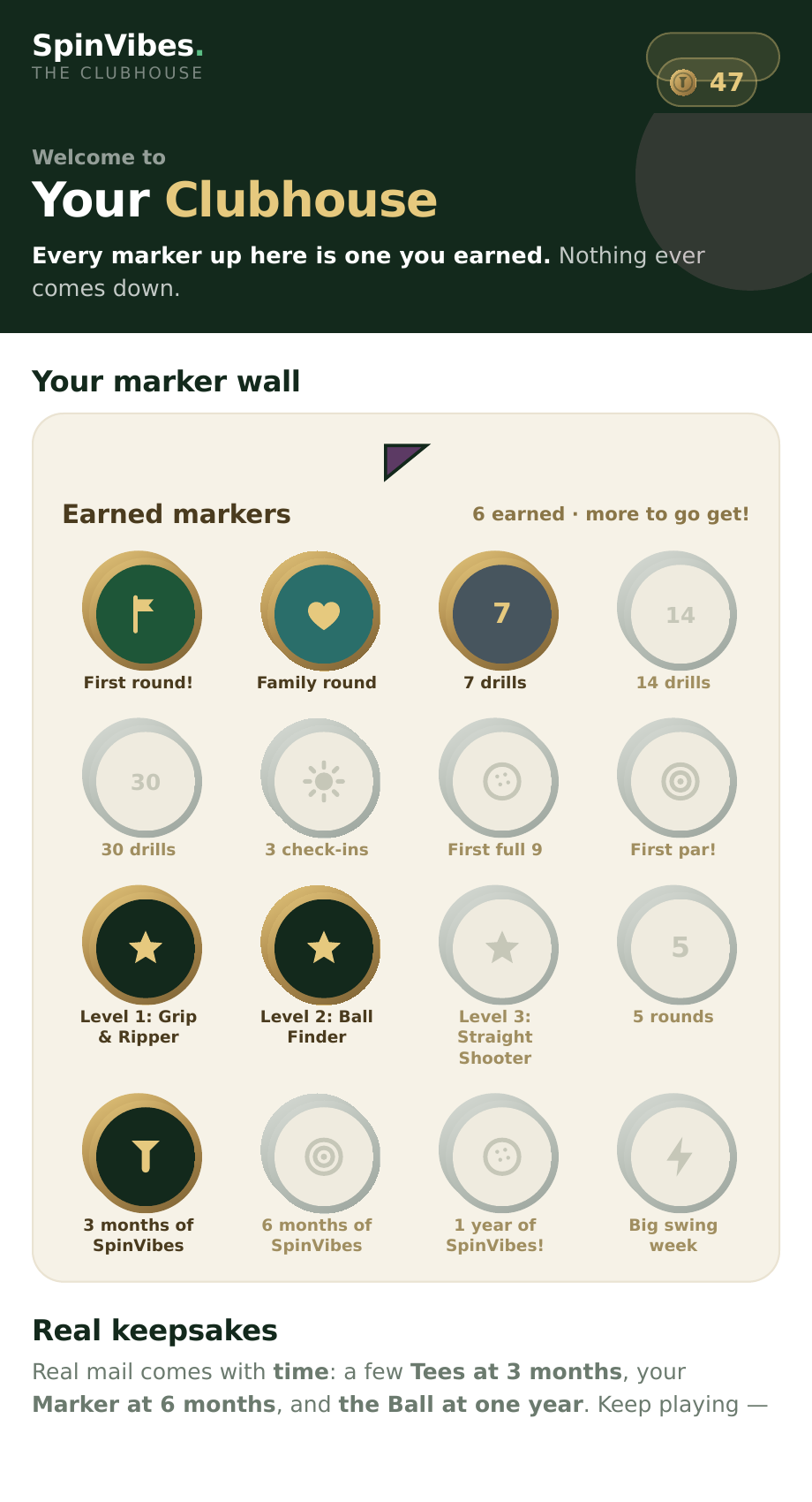 A kid's SpinVibes Clubhouse: a wall of earned markers